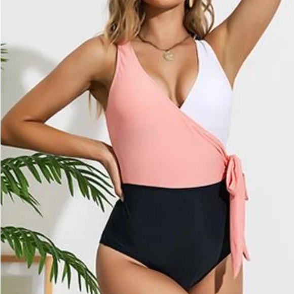 Felnart V Neck Color Block Wrap One Piece - Picture 1 of 5